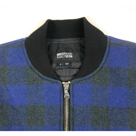Mostly Heard Rarely Seen Mens XL Blue Black Plaid Zipper Bomber Jacket Coat - Picture 2 of 12